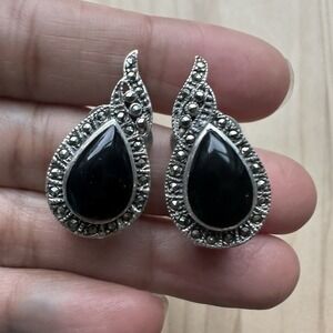 VTG Art Deco Clip Earrings 1 1/8"  Black Onyx Marcasite ‎ FAS 925 Sterling 7.7g